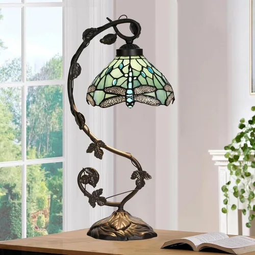 Miniatura 2 de TL0024 Lámpara estilo Tiffany azul mar con libélula, pantalla de vidrio emplomado y base de lámpara de mesa con diseño de vid para dormitorio, sala