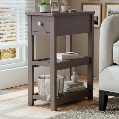 Miniatura 10 de SEJOV Mesa auxiliar estrecha, pequeña mesa auxiliar blanca con cajón y estante de almacenamiento, mesita de noche de madera para sala de estar