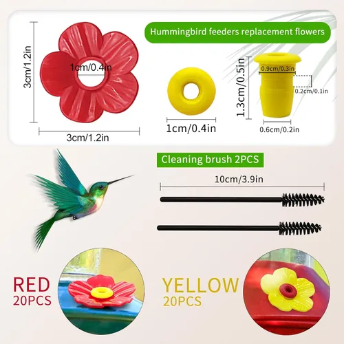 Miniatura 2 de Juego de 20 flores de repuesto para comedero de colibríes con 2 cepillos de limpieza, piezas de repuesto para colgar alimentación de colibríes al
