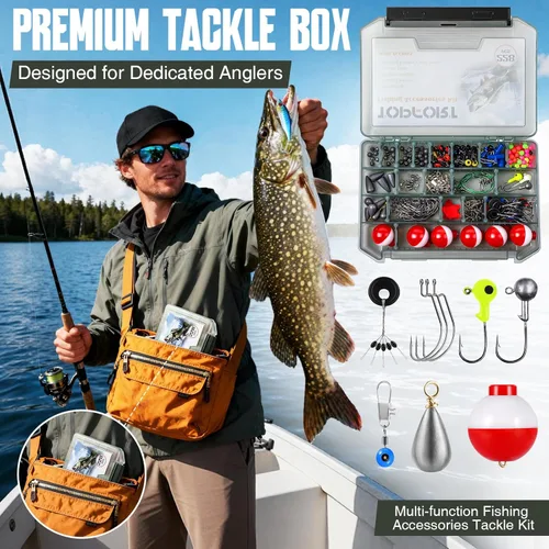 Miniatura 4 de TOPFORT Kit de 187/343 piezas de accesorios de pesca, Caja de aparejos de pesca organizada con aparejos incluidos, anzuelos de pesca, pesas de Kit