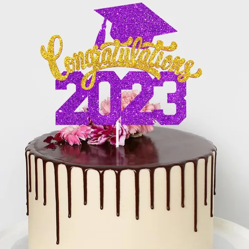 Miniatura 7 de Felicitaciones 2023 - Decoración para pastel de graduación 2023, suministros de pastel de purpurina morada para fiesta de graduación, decoración