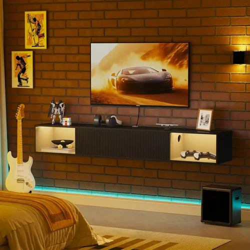 Miniatura 3 de Soporte de TV flotante de 55 pulgadas con luz LED, soporte de TV flotante montado en la pared, centro de entretenimiento flotante con almacenamiento