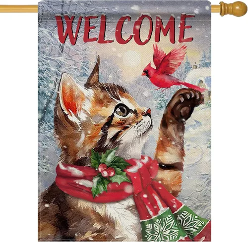 Selmad Bandera decorativa de bienvenida con gato atigrado de invierno, diseño de pájaro rojo de Navidad, decoración exterior de arpillera grande de