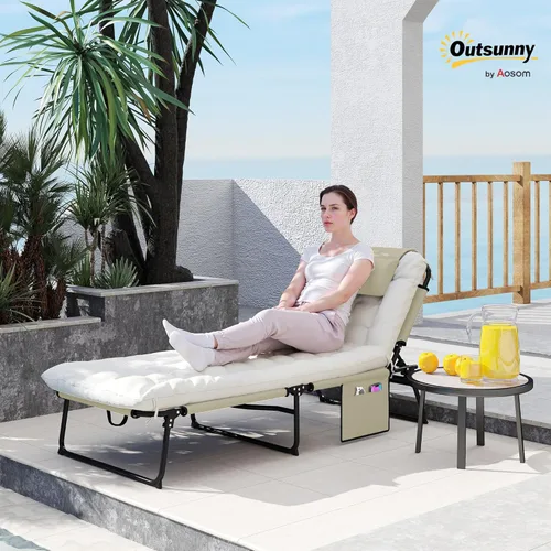 Miniatura 2 de Outsunny Tumbona plegable con respaldo reclinable de 4 niveles, silla de bronceado al aire libre con cojín, silla de salón al aire libre con tela