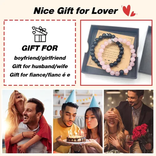Miniatura 99 de 2 pulseras magnéticas para parejas, piedra natural negra mate, cristal para votos de amor eterno, juego de pulseras de cuentas de piedra de energía