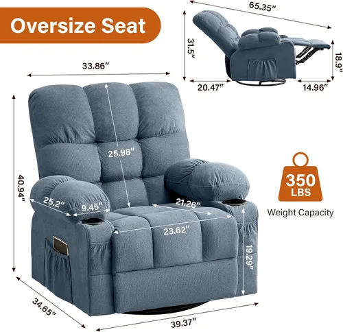 Miniatura 2 de Silla reclinable giratoria para adultos, reclinable de gran tamaño con masaje por vibración y calor lumbar, mecedora ergonómica con bolsillo