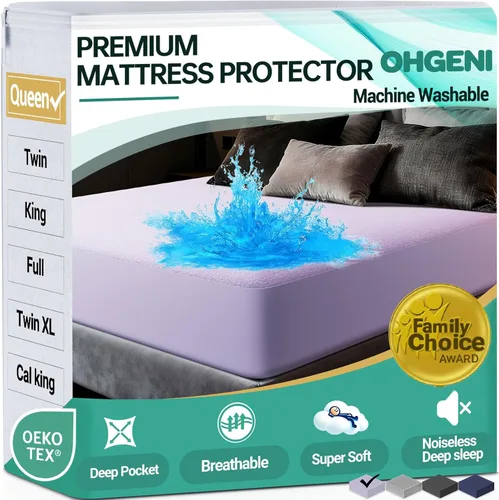 Miniatura 31 de OhGeni Protector de colchón 100% impermeable, tamaño Queen Beige, sábana bajera con bolsillos profundos, 6''-18'', material suave transpirable sin
