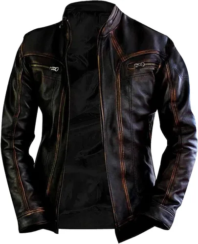 Chaqueta de cuero genuino Cafe Racer para hombre, chaqueta de cuero retro envejecida, chaqueta de cuero vintage para motocicleta