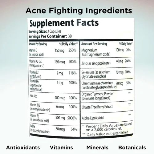 Miniatura 7 de Clear Skin - Paquete de vitaminas para el acné 20 antioxidantes, botánicos, minerales y vitaminas Pastillas hormonales y quísticas para el acné
