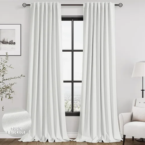 Miniatura 54 de Cortinas de lino 100% opacas para dormitorio, 102 pulgadas de largo, con pestaña trasera, bolsillo para barra, paneles acústicos con aislamiento