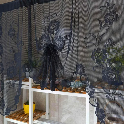 Miniatura 5 de Cenefa de cortina de encaje transparente con bordado floral negro, estilo princesa, estilo princesa, cenefa de cortina bordada en cascada