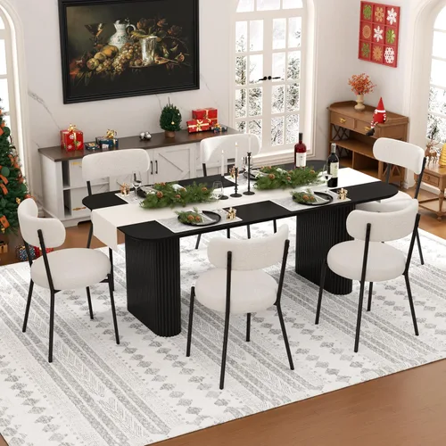 Miniatura 13 de Juego de mesa de comedor ovalada negra moderna de 70.9 pulgadas para 4, mesa de cocina rectangular estilo crema con sillas negras Boucle, juego
