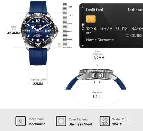 Miniatura 5 de FIYTA Reloj de buceo Ocean Series para hombre, automático, marcadores luminosos, bisel giratorio, resistente al agua hasta 984.3 ft, 1.709 in