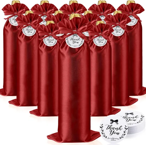 Shappy 12 piezas bolsas de regalo de vino de satén rojo con cordones y etiquetas, bolsas para botellas de vino fundas reutilizables para suministros