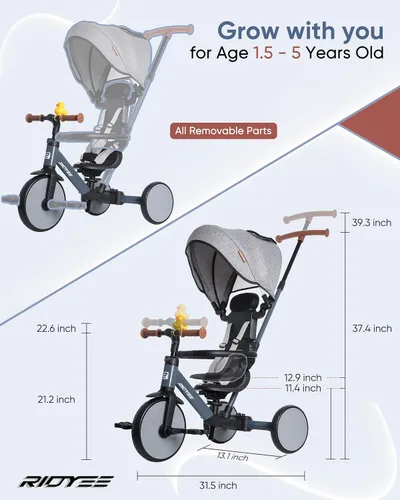 Miniatura 7 de RIDYEE Triciclo 8 en 1 para 1.5-5 años, interruptor sin herramientas, triciclo para niños pequeños con mango de control de dirección para padres