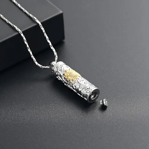 Miniatura 14 de Collar de urna de girasol para cenizas, collar de barra cilíndrica para cenizas para mujer, colgante de recuerdo para cenizas, joyería de cremación