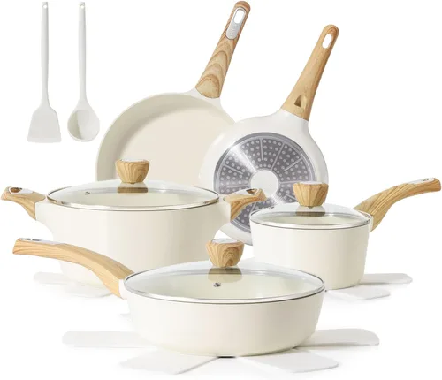 SENSARTE Juego de utensilios de cocina de cerámica, juego de ollas y sartenes antiadherentes, utensilios de cocina de inducción de 14 piezas, no