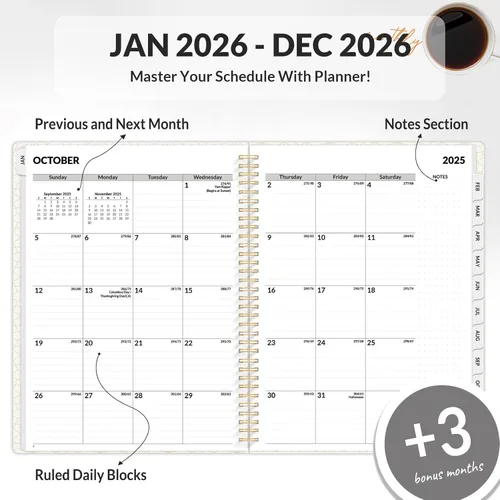 Miniatura 2 de SUNEE Agenda 2026, agenda semanal y mensual, enero de 2026 a diciembre de 2026, agenda diaria con pestañas, páginas de notas, encuadernación en Negro