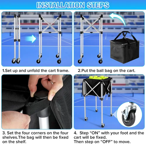 Miniatura 6 de Angooni Carrito de tenis profesional con ruedas silenciosas de poliuretano – 2 opciones de capacidad (150/240 bolas) – Almacenamiento resistente