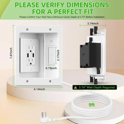 Miniatura 2 de Kit de organización de cables de pared con placa de pared de cepillo, salidas de CA y puertos USB, cable de 9 pies, toma de pared empotrada