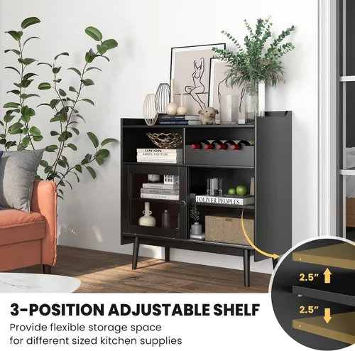 Miniatura 4 de Giantex Aparador de buffet, moderno armario de almacenamiento de barra de café con 2 puertas correderas de vidrio templado, estante para vino para 4