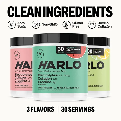 Miniatura 8 de Harlo Electrolitos en polvo 3 en 1 con colágeno y creatina, hidratación, apoyo muscular y articular Certificado NSF Cero azúcar Sal de piña