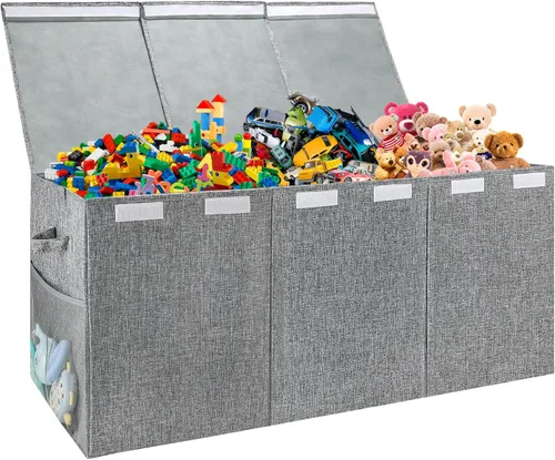 Organizador de almacenamiento de juguetes extra grande con tapa, caja de juguetes grande plegable con diseño de caja de almacenamiento para Gris