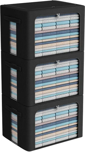 Miniatura 22 de Paquete de 3 cajas de almacenamiento con marco, bolsas de almacenamiento de ropa, tela Oxford, plegable, apilable, juego organizador con ventana