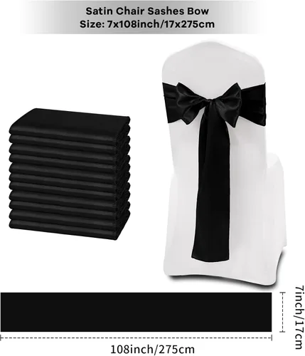 Miniatura 2 de fani 60 cintas de satén negras de 7 x 108 pulgadas para silla, fundas universales para silla, bodas, fiestas de cumpleaños, celebraciones, hoteles