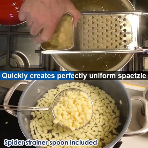 Miniatura 5 de Spaetzle Maker de acero inoxidable de alta calidad con mango de agarre cómodo, cuchara de colador de araña de acero inoxidable con cepillo