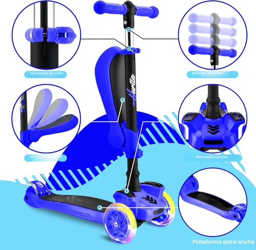 Miniatura 4 de Hurtle Patinete de 3 ruedas para niños, luces LED de ruedas, manubrio ajustable de inclinación para dirigir y asiento plegable, paseo sentado