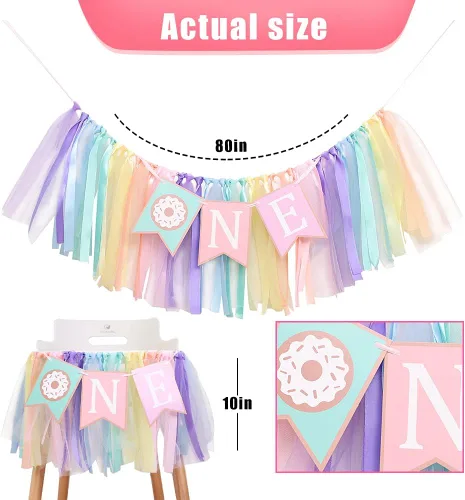 Miniatura 2 de Cartel de cumpleaños de 1 a 2 años de edad – Cartel para silla alta de cumpleaños con tema de dona, un grupo de tutú de cinta de arco iris suave
