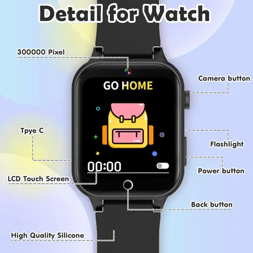 Miniatura 5 de Luyiilo Reloj de juegos para niños, con 26 juegos de rompecabezas, pantalla táctil, cámara HD, reloj despertador, juguetes para edades de 4 a 12