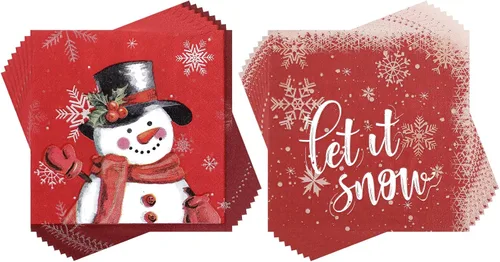 Miniatura 8 de Faccito 100 servilletas de papel de muñeco de nieve de Navidad, servilletas de cóctel de copo de nieve de invierno, servilletas de bebidas rojas