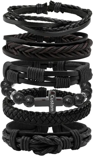 Miniatura 10 de MILAKOO 6 pulseras de cuero trenzado para hombres y mujeres de madera con cuentas de pulsera ajustable