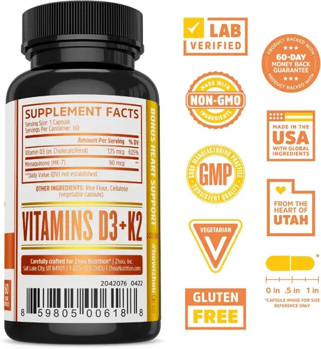 Miniatura 2 de Zhou D3+K2 - Suplemento de vitamina D3 K2 para mujeres y hombres, suplementos de apoyo inmunológico Vit D3 y K2, fórmula vegetariana pura con 5000