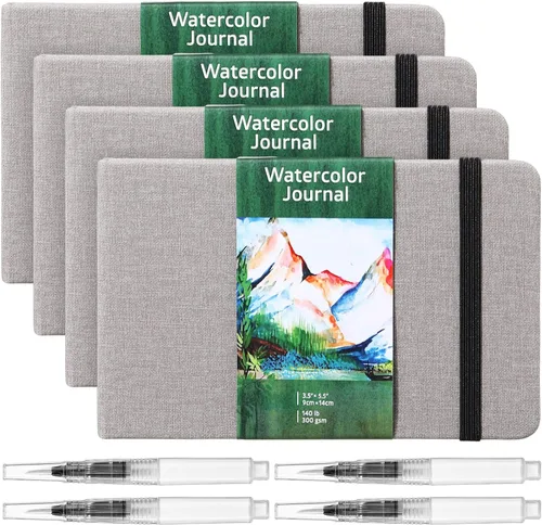 Dispowreath juego de 4 cuadernos de bocetos y diarios de acuarela con bolígrafos de pincel de acuarela, papel de algodón de 300 GSM, cuaderno