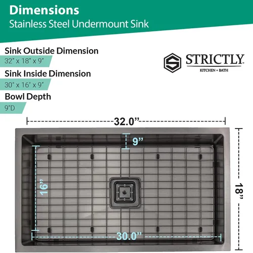 Miniatura 6 de Strictly Sinks Fregadero de Cocina de Montaje Inferior de Un Solo Tazón de 32 Pulgadas – Fregadero Negro Metálico Accesorio de Estante de Diseñador