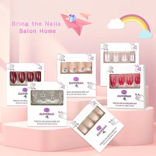 Miniatura 9 de Elevenail - Uñas postizas de longitud media, punta vino rojo, uñas postizas de cobertura total, uñas postizas cortas, uñas falsas, uñas falsas Rojo