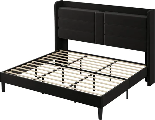 Miniatura 10 de Allewie Base de cama de plataforma tamaño King con estación de carga y cabecera de almacenamiento, diseño tapizado de terciopelo con respaldo y Negro