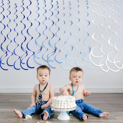 Miniatura 7 de 36 piezas de decoraciones de remolino colgante azul ombre, azul real blanco de fieltro, serpentina en espiral, guirnalda de techo para cumpleaños