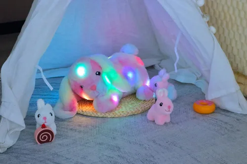 Miniatura 7 de Hopearl Conejo de peluche LED con luces, juguete de peluche con mamá y 3 bebés en su barriga, nana animada, calmante para mamá, niños pequeños