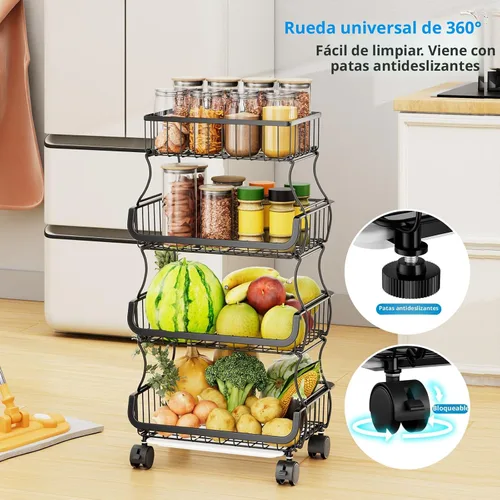 Miniatura 3 de Simple Trending - Carrito rodante de 4 niveles apilable, canasta de frutas y verduras con ruedas y 2 canastas colgantes, soporte de alambre de metal