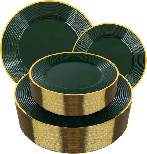 Miniatura 13 de Liacere 100 platos de plástico negro, platos desechables resistentes, platos negros y dorados, incluye platos para cena/postre para bodas, fiestas