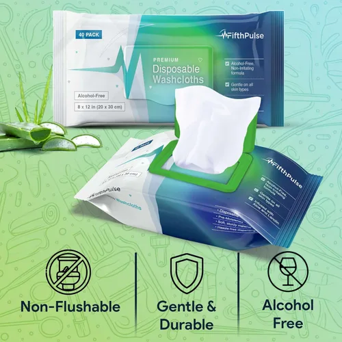 Miniatura 5 de Toallitas corporales desechables para adultos, 200 unidades (5 x 40 paquetes) – Paños prehumedecidos para baño de ancianos infundidos con aloe
