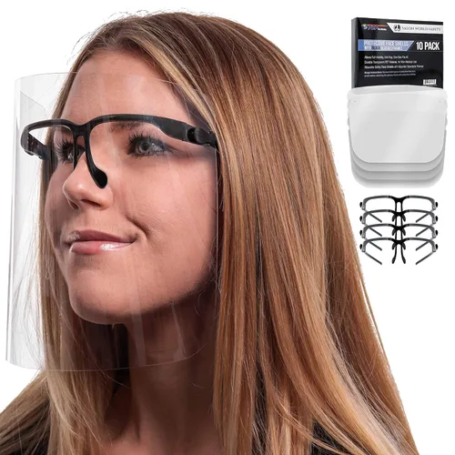 TCP Global Salon World Protectores Faciales de Seguridad con Marcos de Gafas Negros (Paquete de 10) - Protectores Faciales Completos Ultra