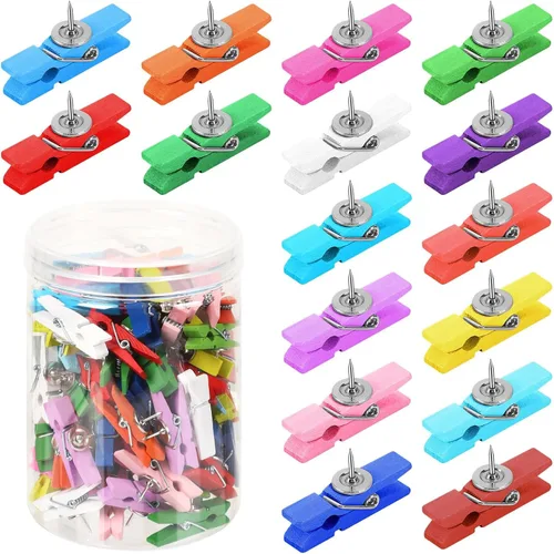 SANNIX 100 clips de madera con tachuelas para el pulgar para tablón de anuncios, decoraciones de tablero de corcho y escuela, oficina, manualidades,