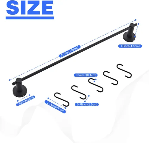 Miniatura 2 de Toallero de 21.6 pulgadas con 5 ganchos en forma de S, toallero de acero inoxidable negro para baño y baño, montado en la pared, para ollas