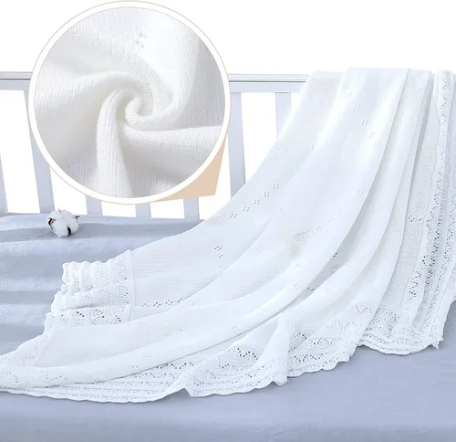 Miniatura 6 de Booulfi Manta de bebé, manta blanca para recepción, bautizo, toalla para recién nacidos, niños y niñas, manta térmica de algodón blanco