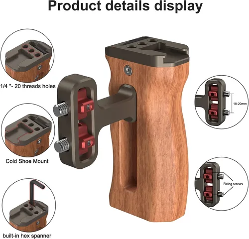 Miniatura 2 de Mini mango lateral de madera con tornillos de 1/4 de pulgada a 20 tornillos para cámara digital, jaula de cámara réflex digital con soporte de Mango